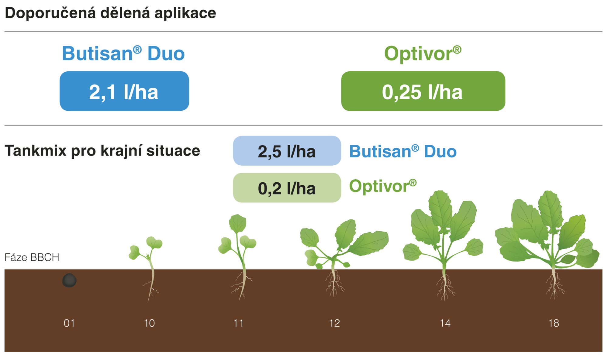 přípravky Butisan Duo a Optivor doporučujeme aplikovat po sobě, ale lze je umístit i do tank-mixu