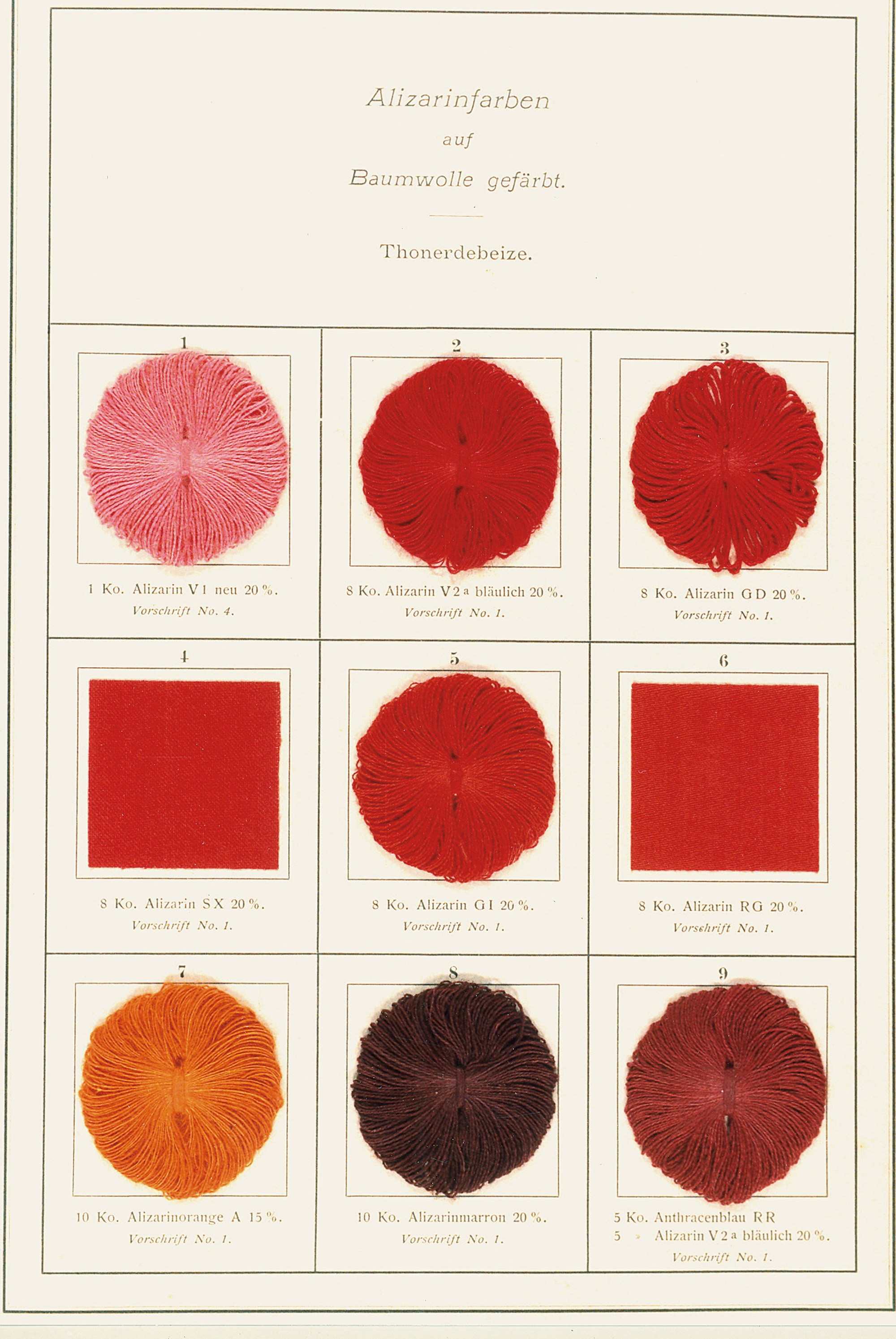 historická dobová vzorkovnice barev, převládají červené odstíny