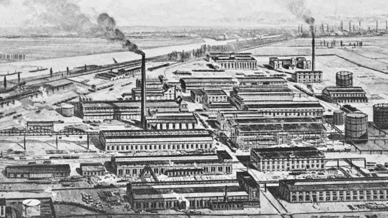 černobílý obrázek s náhledem továrny, malé protáhlé budovy, ze dvou komínů se kouří