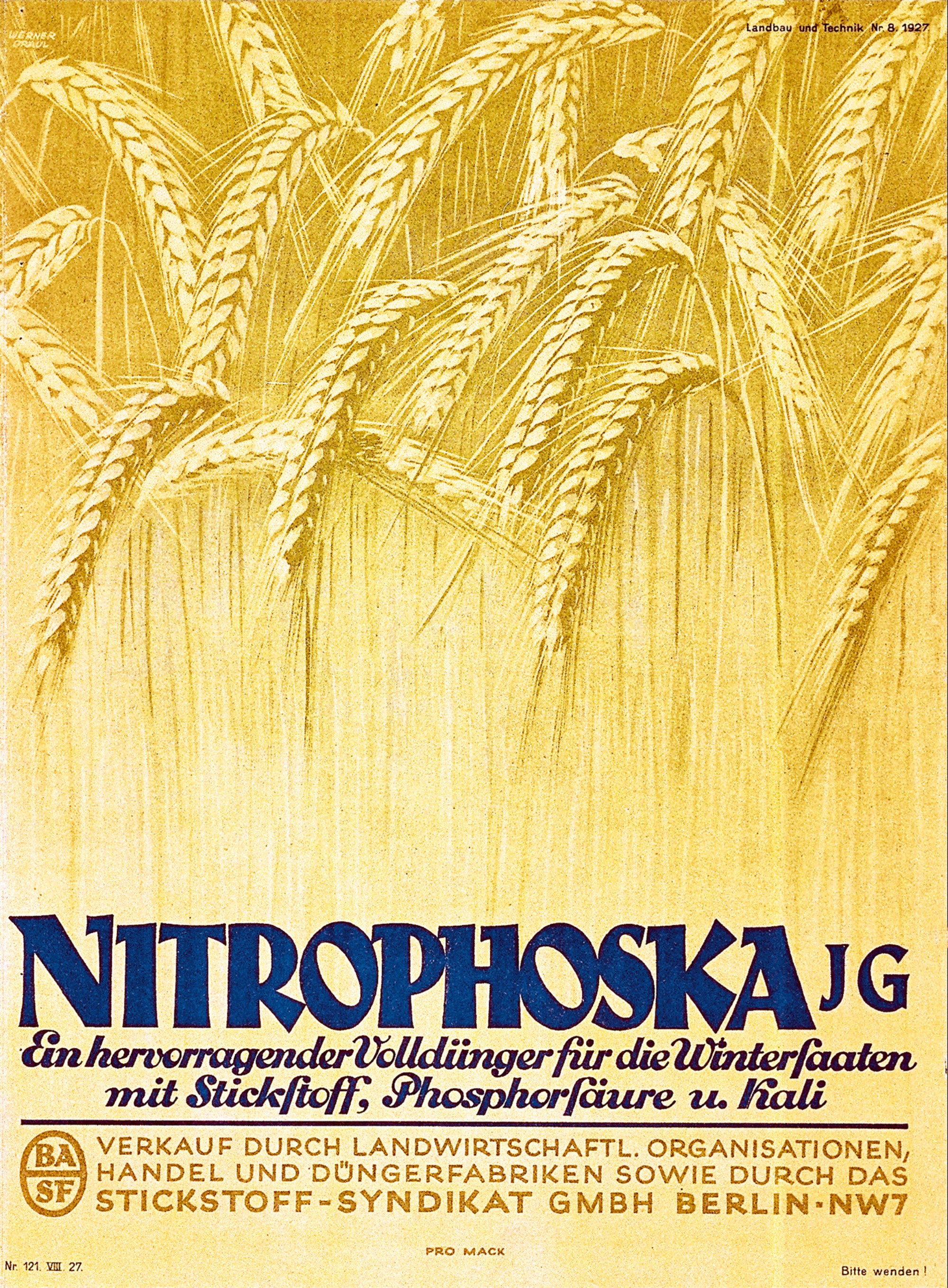 dobový a již barevný plakátek se žlutými svěšenými klasy obilí, s nápisem Nitrophoska a dalším textem v němčině