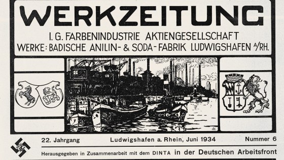 podélný obdélník znázorňuje titulní obálku novin s černým potiskem v němčině