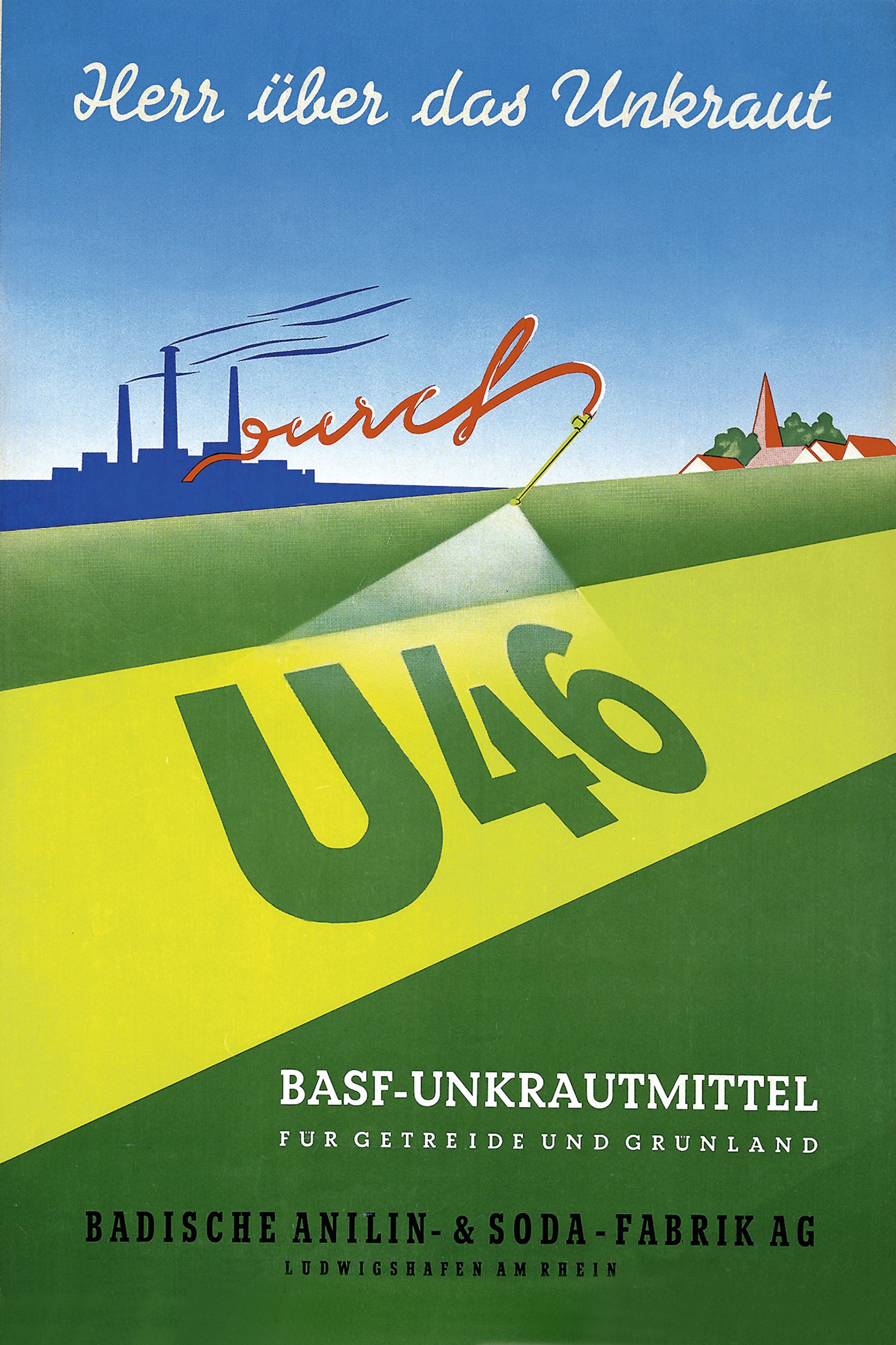 leták s náhledem chemické továrny a pole, na které je postřikem aplikován nápis U46