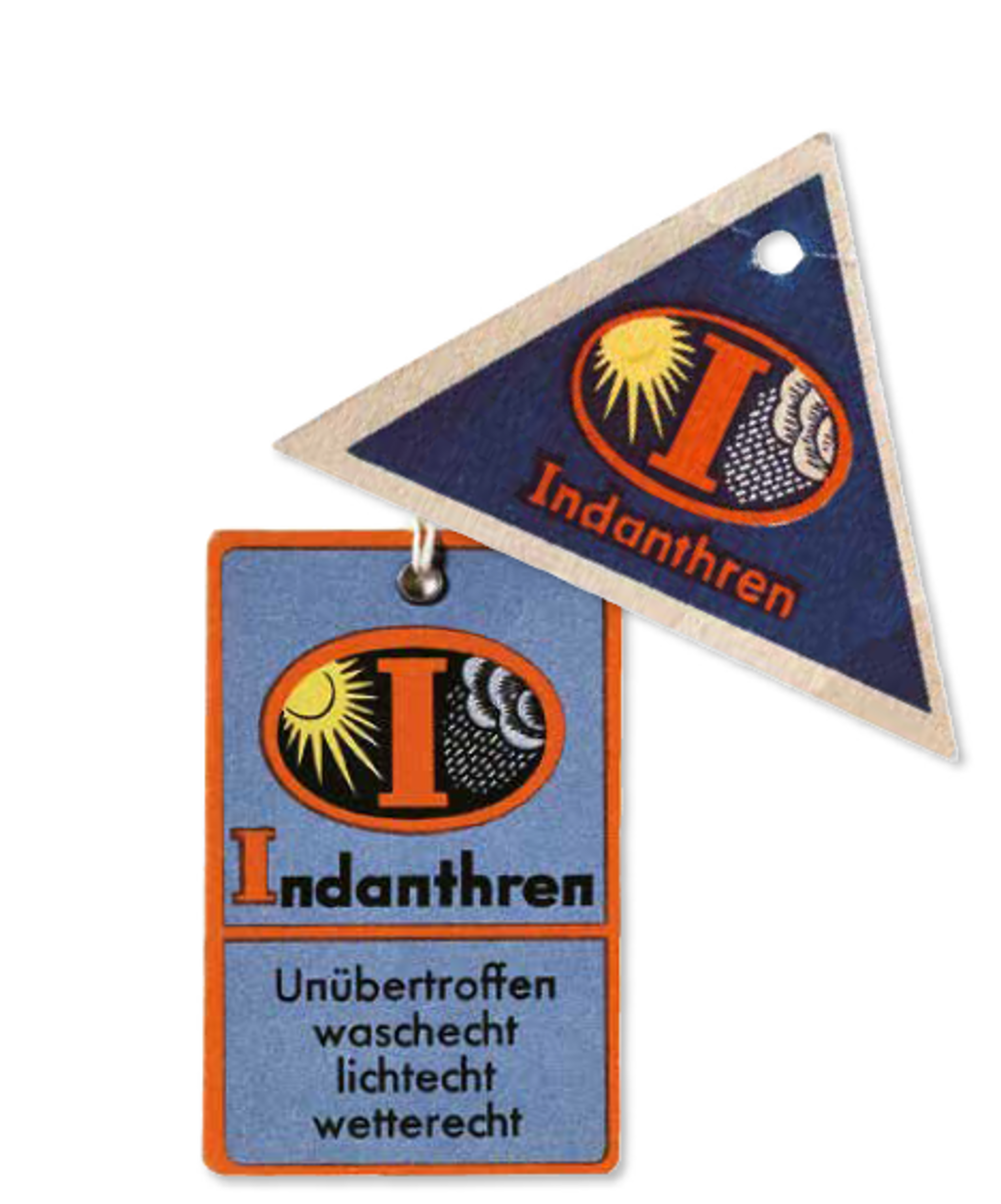 ukázka dvou visaček, cedulek s nápisem Indianthren, trojúhelníková a obdélníková