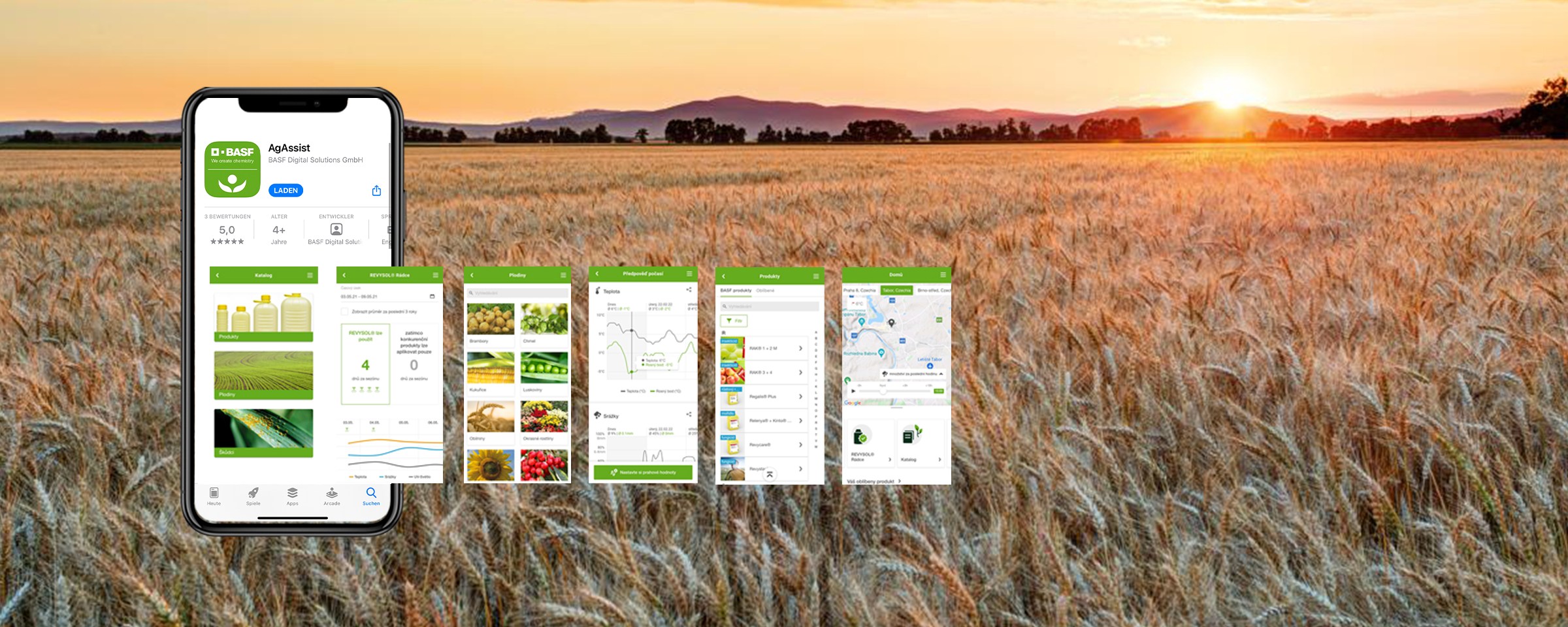 mobilní aplikace AgAssist nabízí obsah webových agro stránek BASF ve formátu vhodném pro mobilní zařízení v obilném poli při západu slunce se nachází mobilní telefon s několika vedle sebe umístěnými obrazovkami představujícími obsah aplikace AgAssist