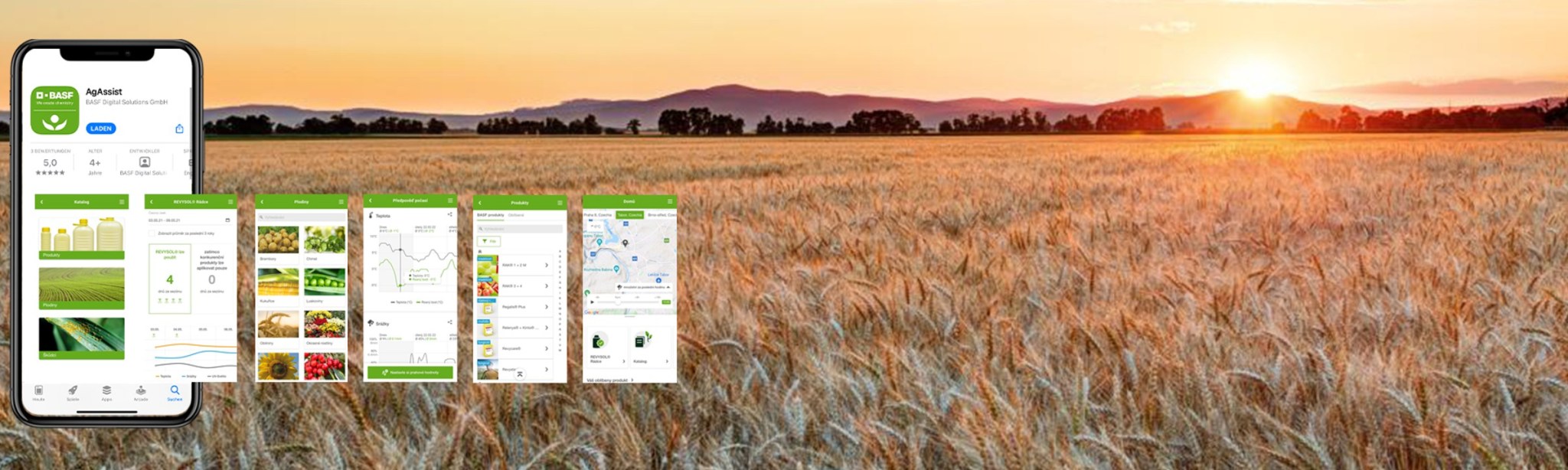 na pozadí obilného pole jsou ukázky obsahu mobilní aplikace AgAssist