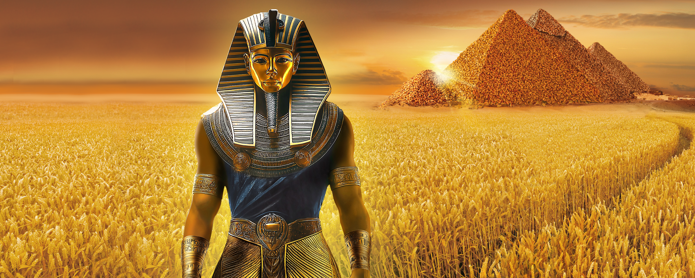 v popředí obilného pole a pyramid se prochází Osiris Revy podobný faraonovi