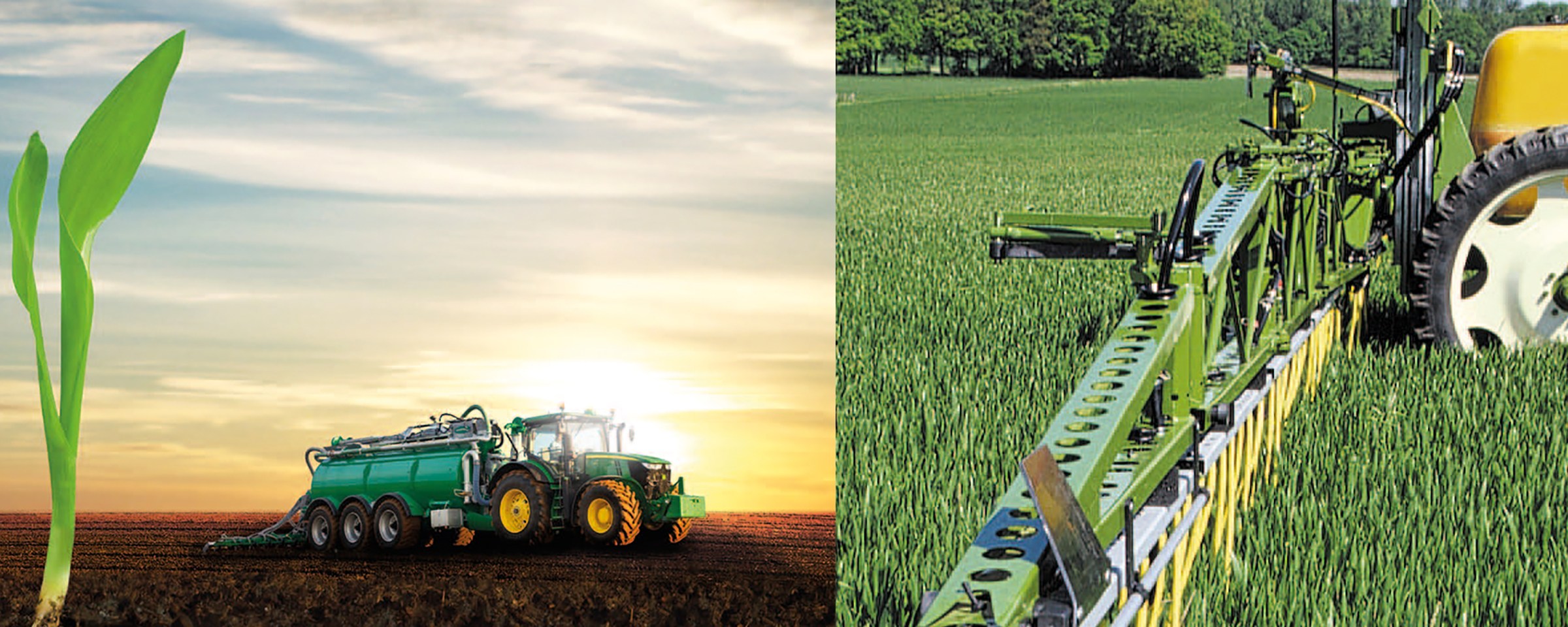 nalevo rostlinka kukuřice s cisternou s hnojivy v pozadí, napravo aplikátor postřikové jíchy